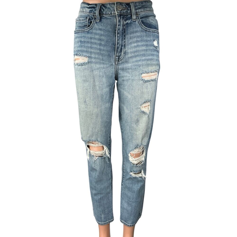 Eunina Tobi Women's Blue Distressed Super High Rise Crop Denim Mom Jeans Size 5